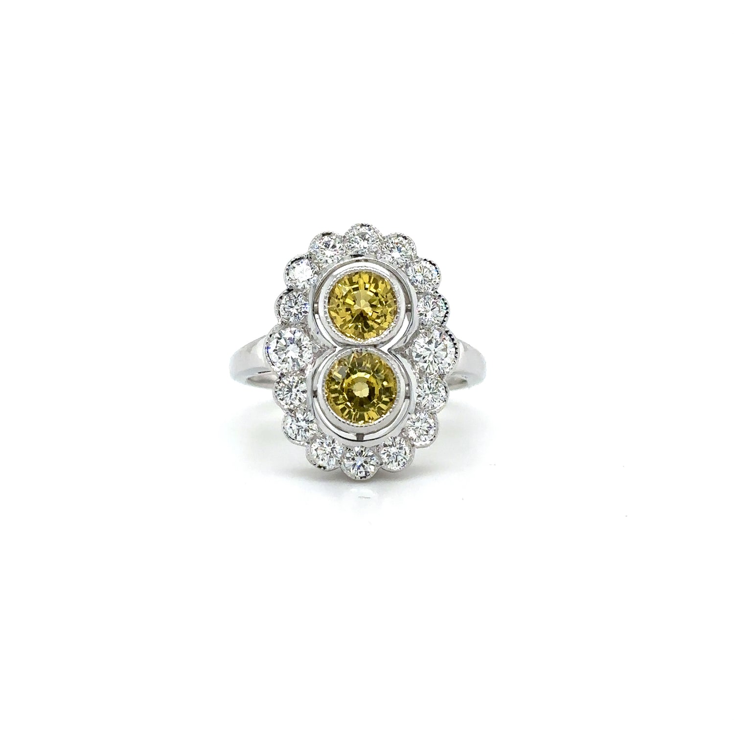 18ct White Gold 1.82ct Yellow Sapphire And Diamond Art Deco Style Cluster Ring