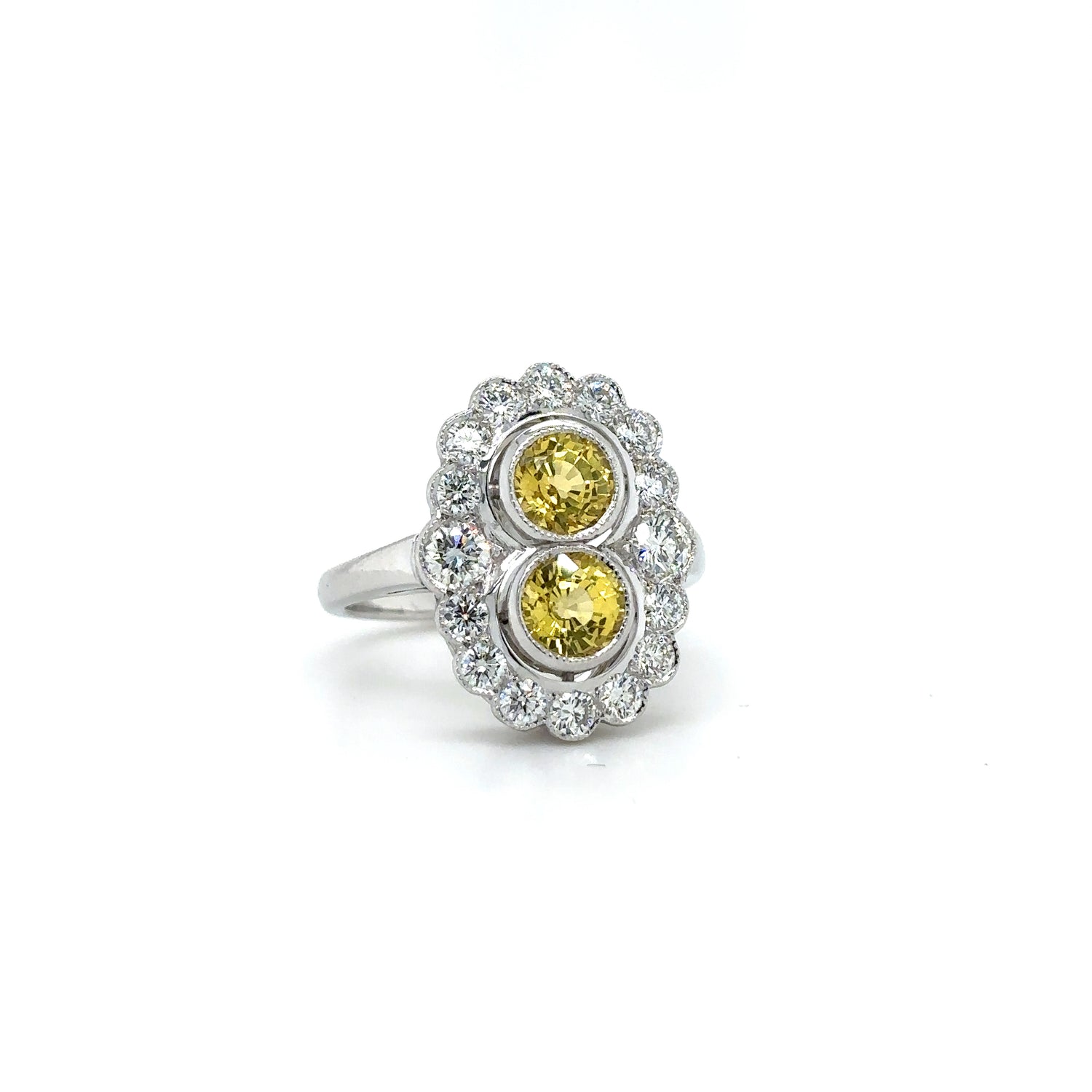 18ct White Gold 1.82ct Yellow Sapphire And Diamond Art Deco Style Cluster Ring