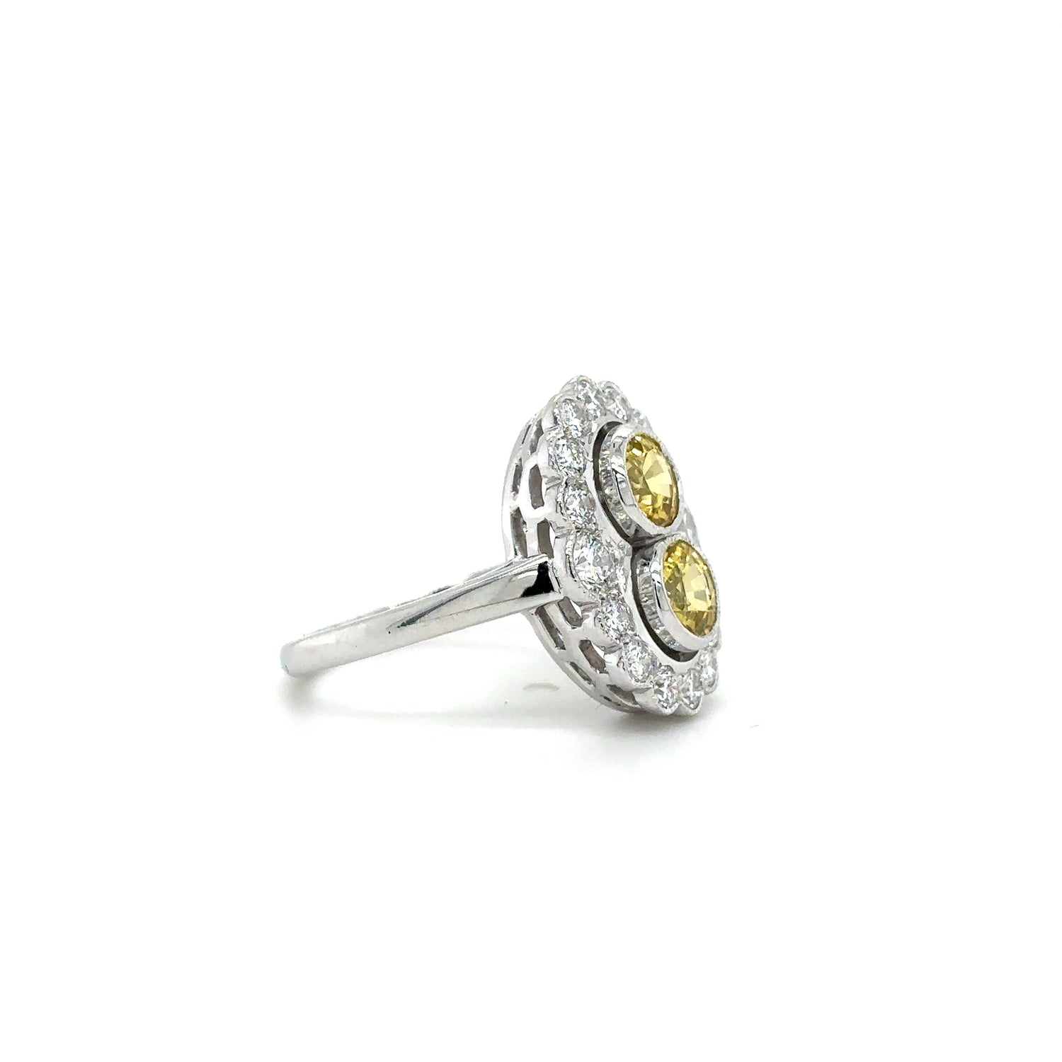 18ct White Gold 1.82ct Yellow Sapphire And Diamond Art Deco Style Cluster Ring