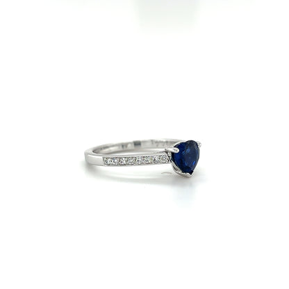 18ct White Gold Heart Cut Blue Sapphire And Diamond Ring