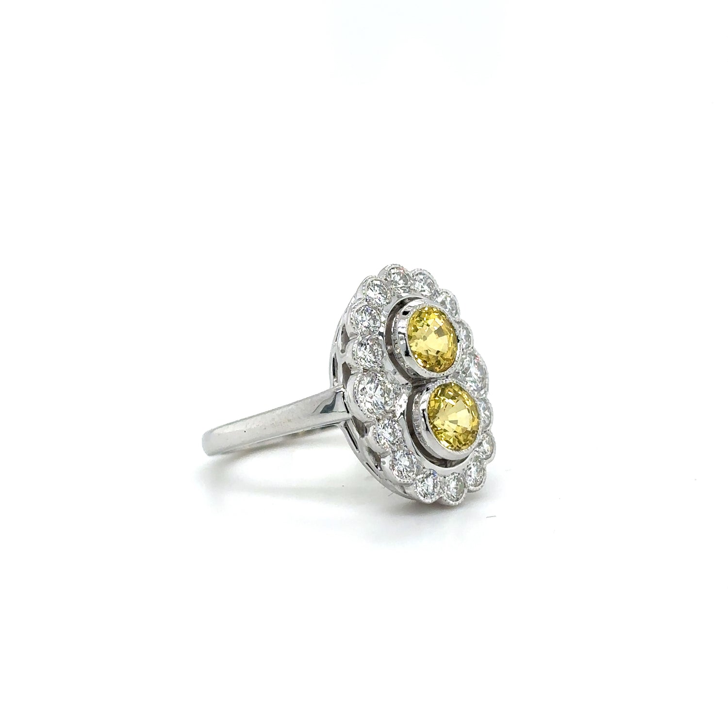 18ct White Gold 1.82ct Yellow Sapphire And Diamond Art Deco Style Cluster Ring