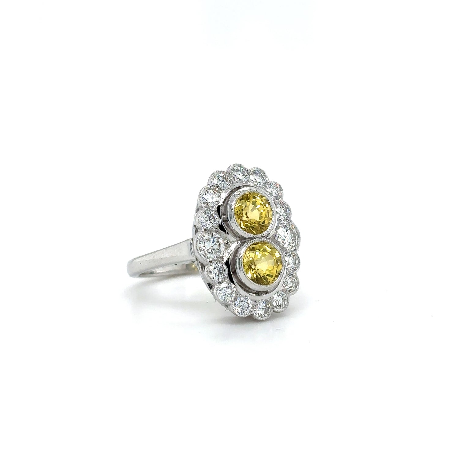 18ct White Gold 1.82ct Yellow Sapphire And Diamond Art Deco Style Cluster Ring