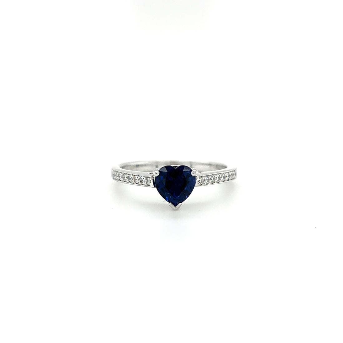 18ct White Gold Heart Cut Blue Sapphire And Diamond Ring