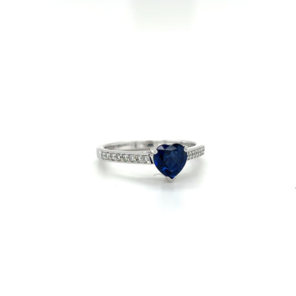 18ct White Gold Heart Cut Blue Sapphire And Diamond Ring