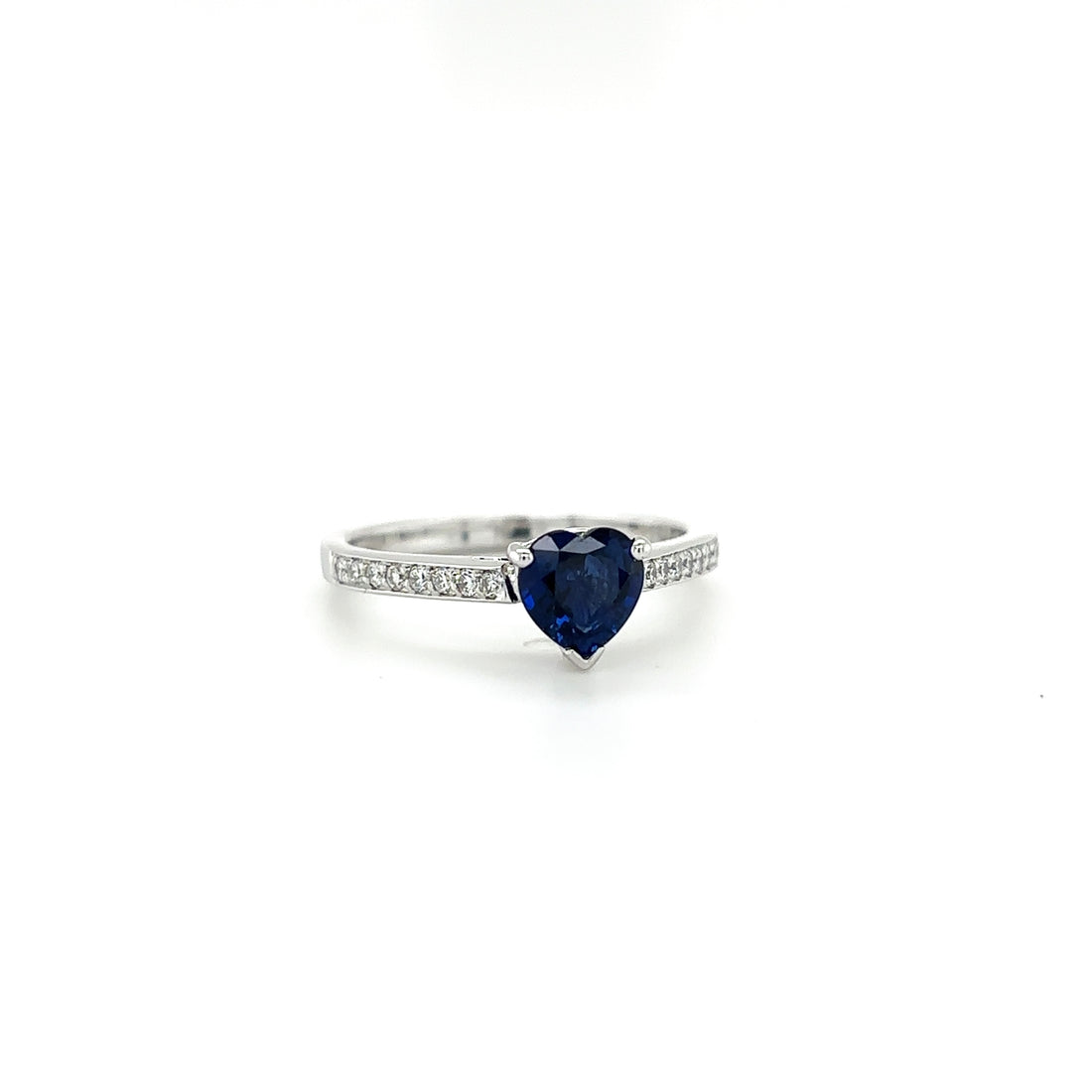 18ct White Gold Heart Cut Blue Sapphire And Diamond Ring