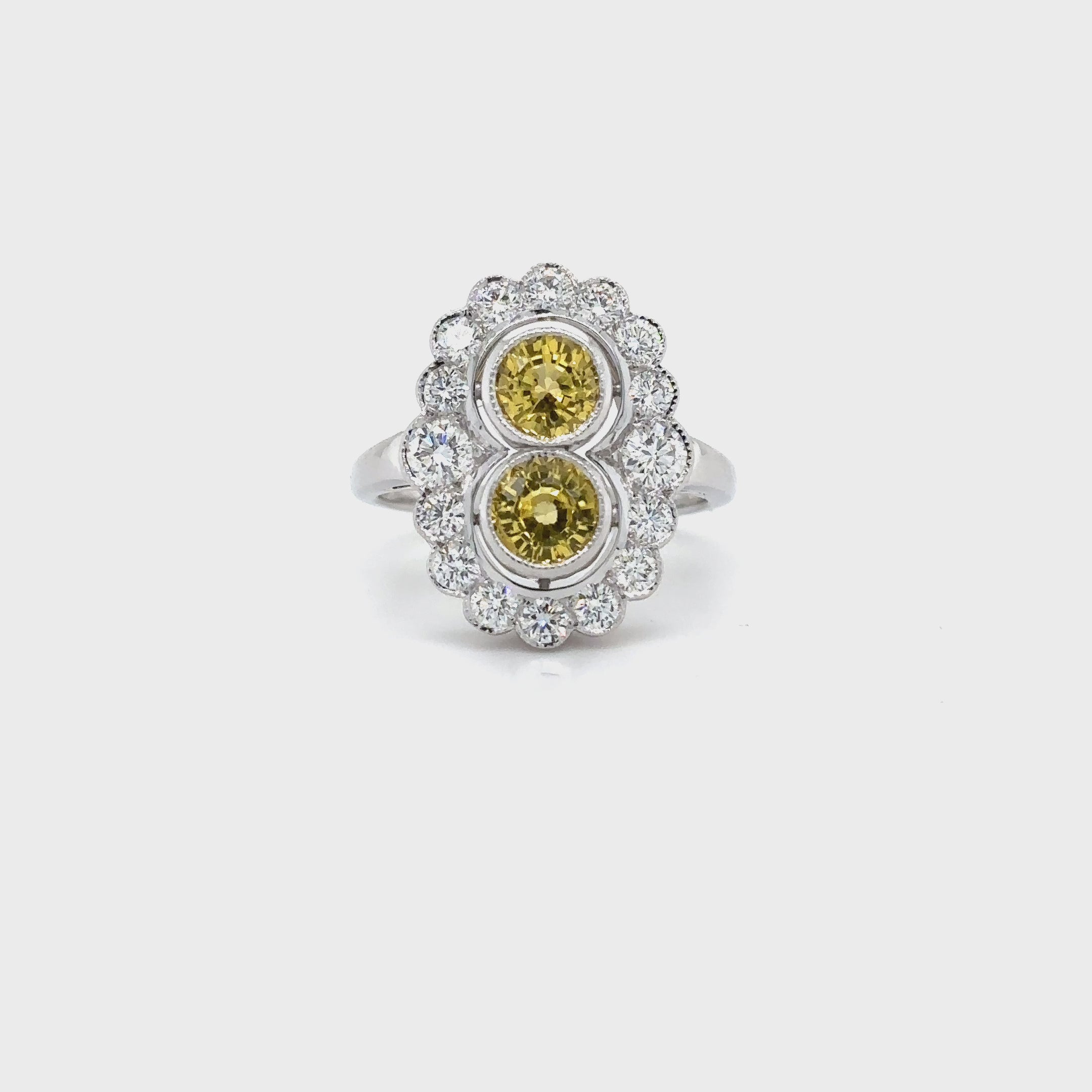 18ct White Gold 1.82ct Yellow Sapphire And Diamond Art Deco Style Cluster Ring