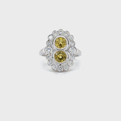 18ct White Gold 1.82ct Yellow Sapphire And Diamond Art Deco Style Cluster Ring